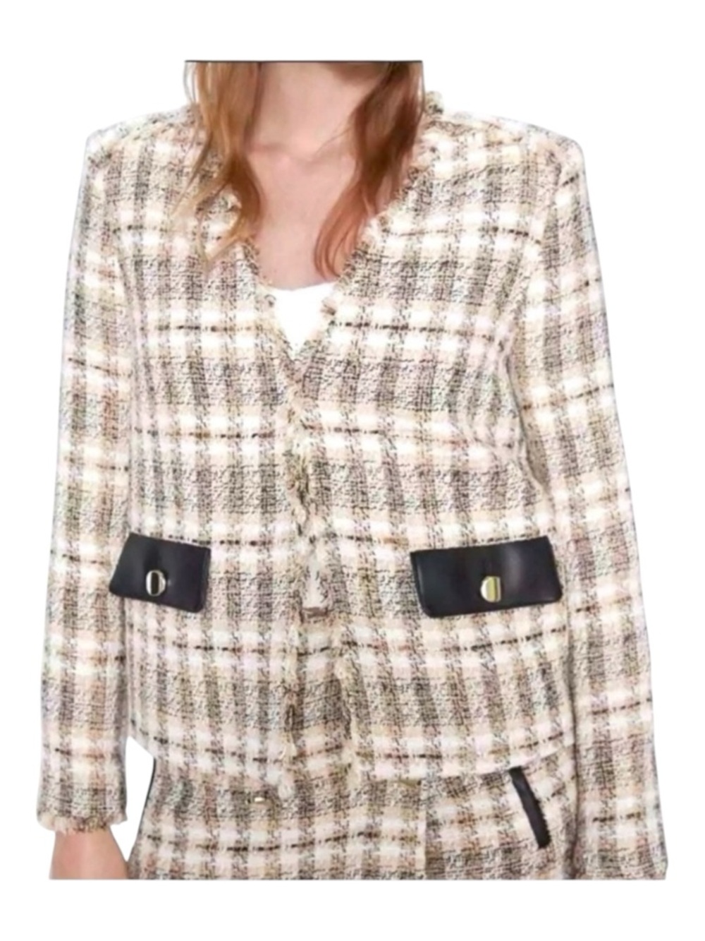 ZARA Tweed Blazer, Vegan Leather Pocket Flaps, Fringe Trim, Size M.